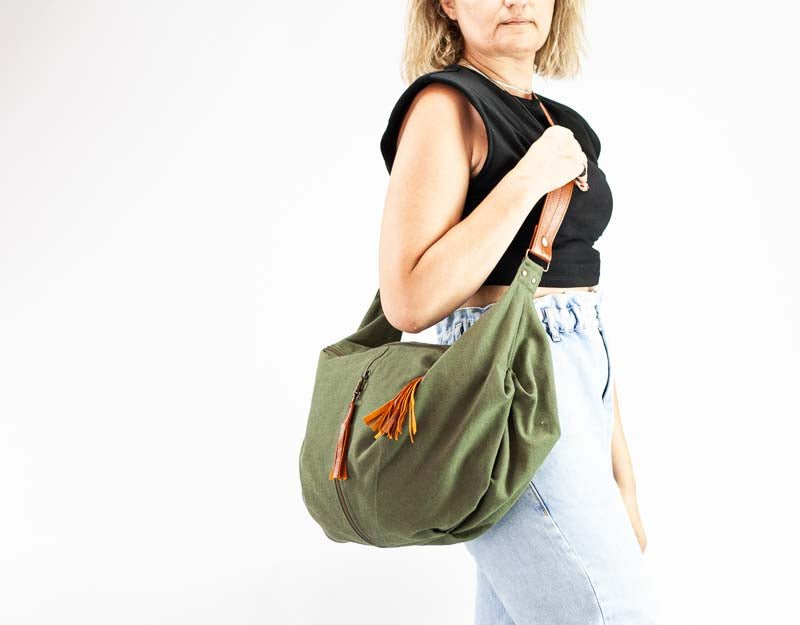 Kallia crossbody bag - Green canvas and brown leather - milloobags