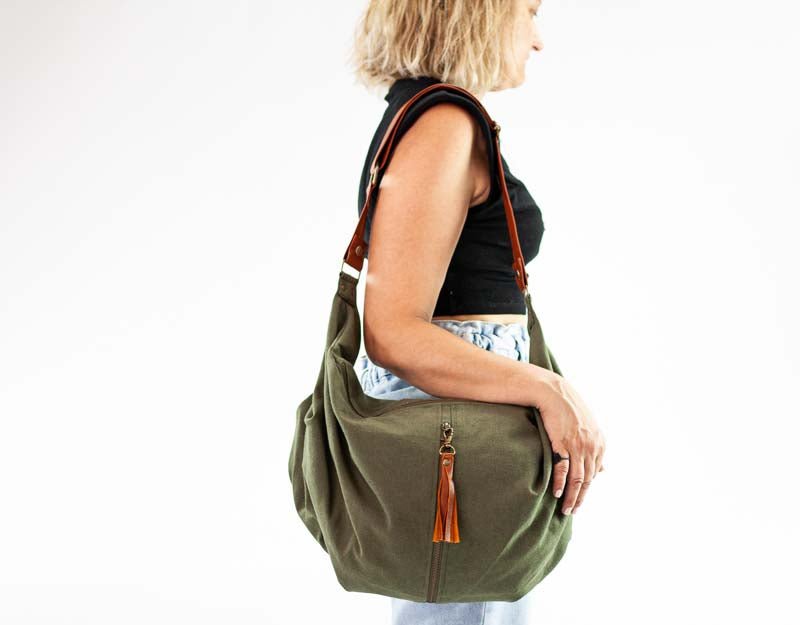 Kallia crossbody bag - Green canvas and brown leather - milloobags