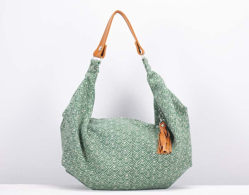 Kallia mini bag - Green patterned wool and brown leather - milloobags