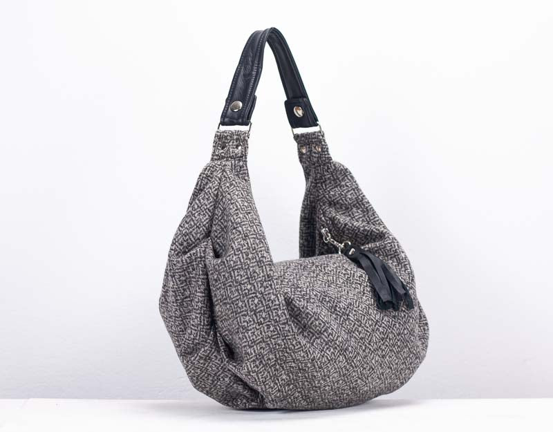 Kallia mini bag - Grey patterned wool and black leather - milloobags