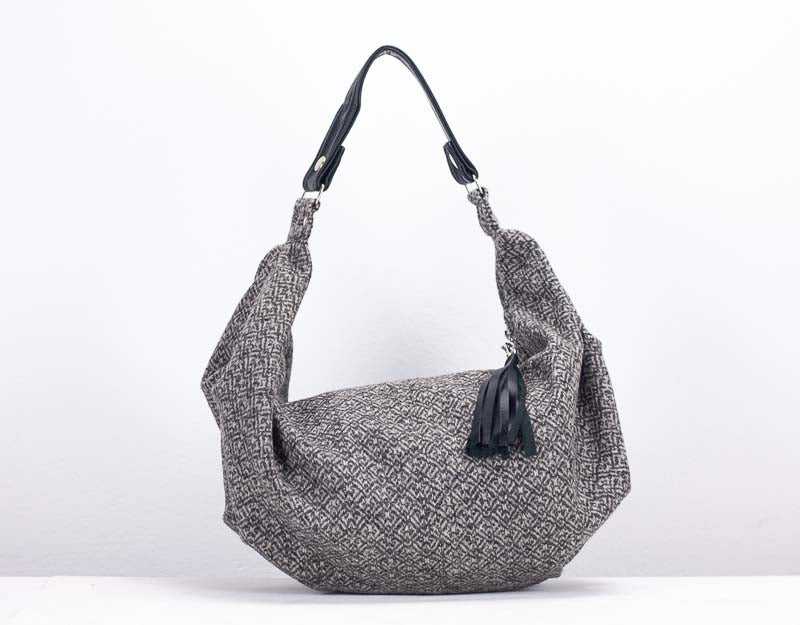 Kallia mini bag - Grey patterned wool and black leather - milloobags