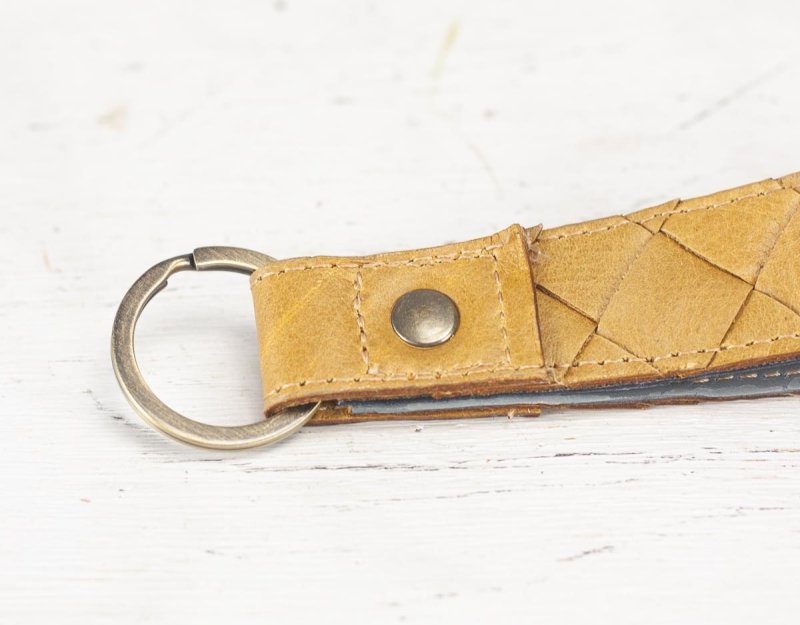 Milloo Leather Handwoven Keyring with Clip - Mustard Yellow Grey