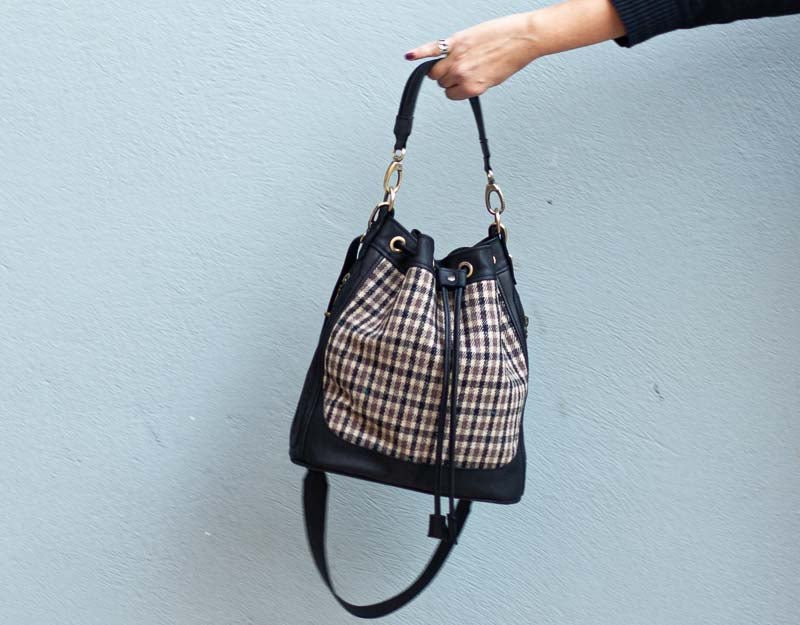 Danae bag - Black leather and plaid wool - milloobags