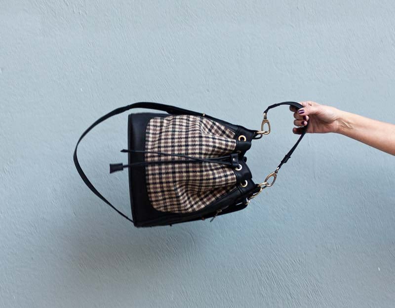 Danae bag - Black leather and plaid wool - milloobags