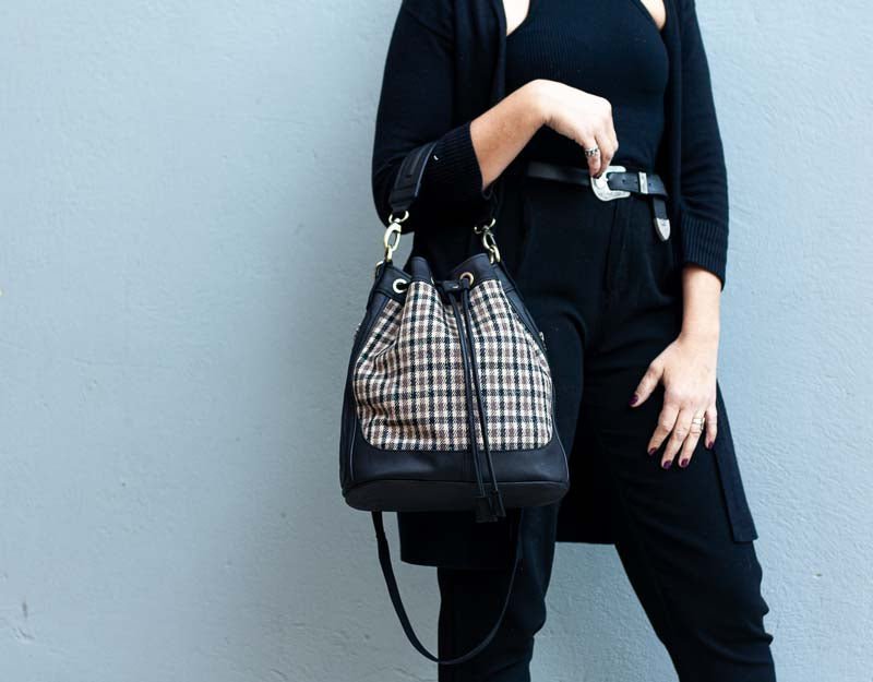 Danae bag - Black leather and plaid wool - milloobags