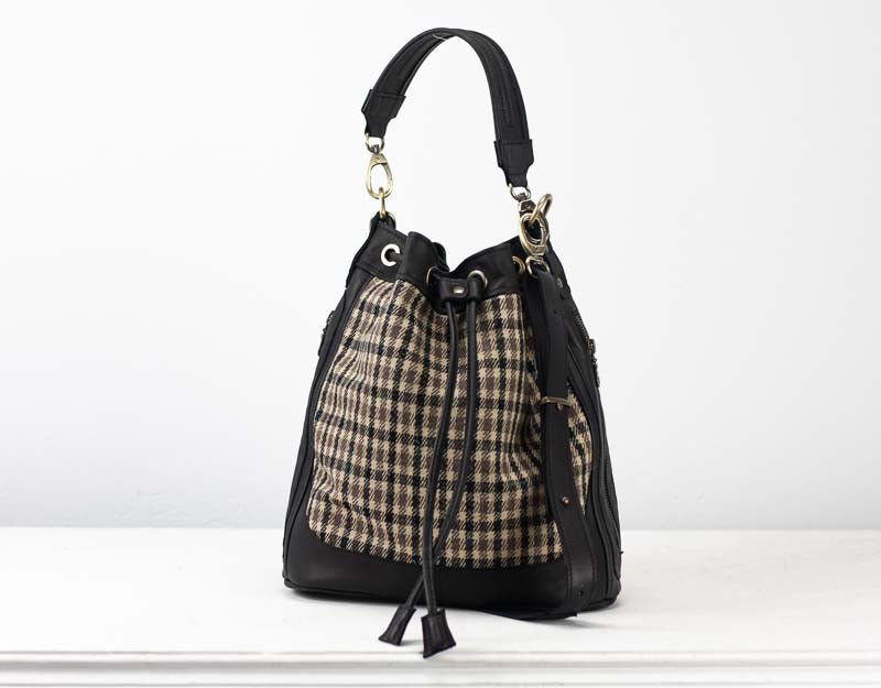 Danae bag - Black leather and plaid wool - milloobags
