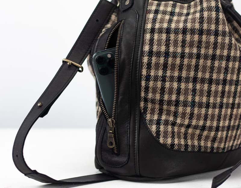 Danae bag - Black leather and plaid wool - milloobags