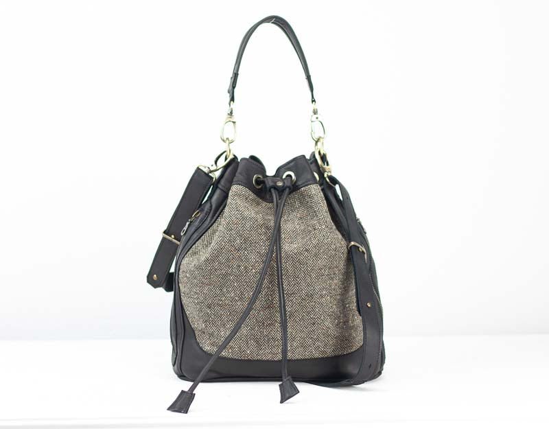 Danae bag - Black leather and herringbone wool - milloobags