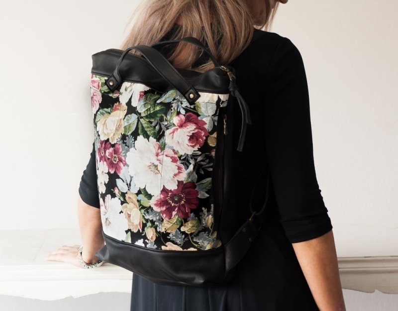 Minos backpack - Black leather & Floral canvas - milloobags