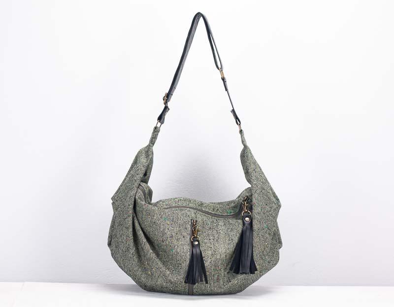 Kallia crossbody bag - Mint wool and black leather - milloobags